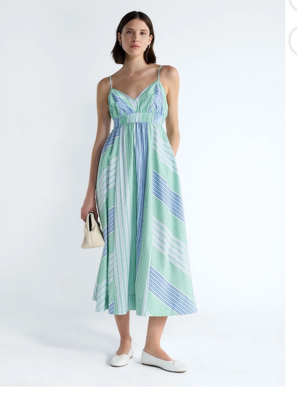 Striped Spaghetti-Strap Midi Dress in Mint Green and Blue